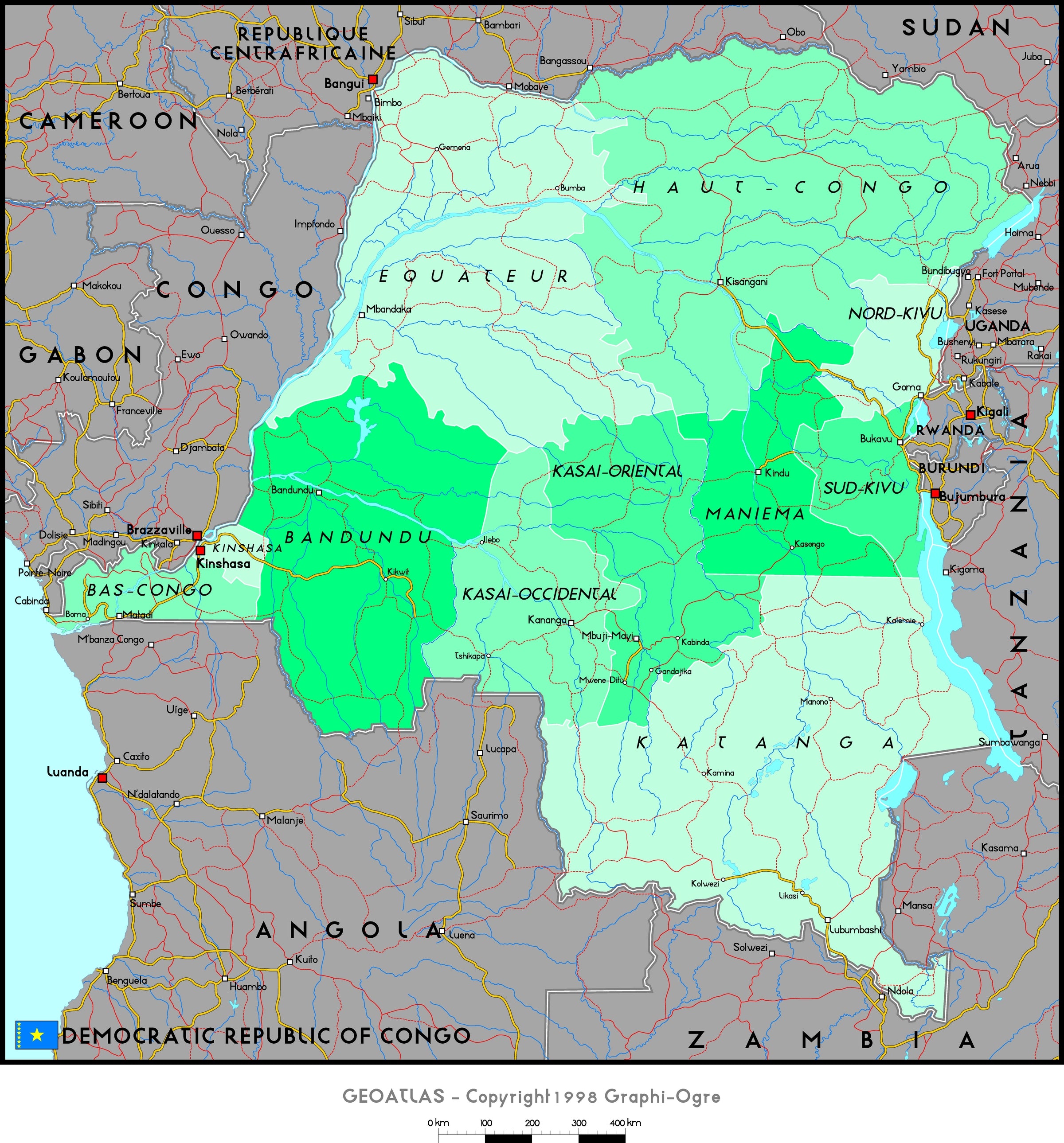 Physical Map Of Democratic Republic Of Congo Ezilon M