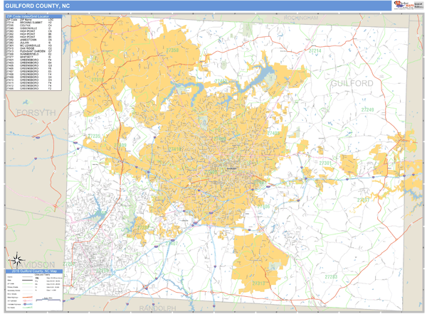 Guilford County, North Carolina Zip Code Wall Map | Maps.com.com