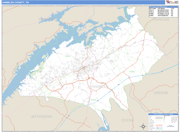 Hamblen County, Tennessee Zip Code Wall Map | Maps.com.com