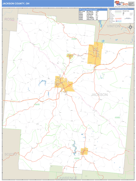 Jackson County, Ohio Zip Code Wall Map | Maps.com.com