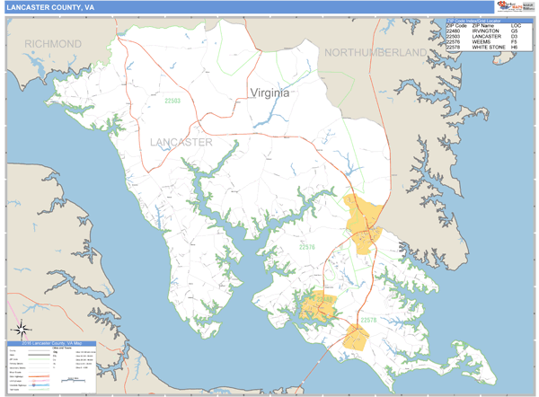 Lancaster County, Virginia Zip Code Wall Map | Maps.com.com