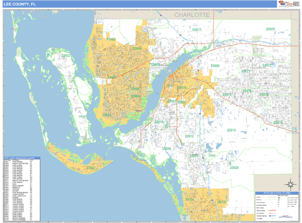 Lee County Florida Zip Code Wall Map 2367