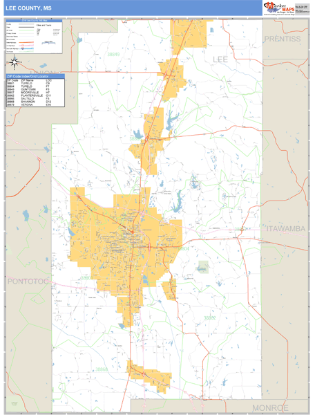 Lee County, Mississippi Zip Code Wall Map 
