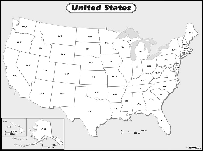 Map Of The Us Black And White Black and White US Outline Wall Map | Maps.com.com