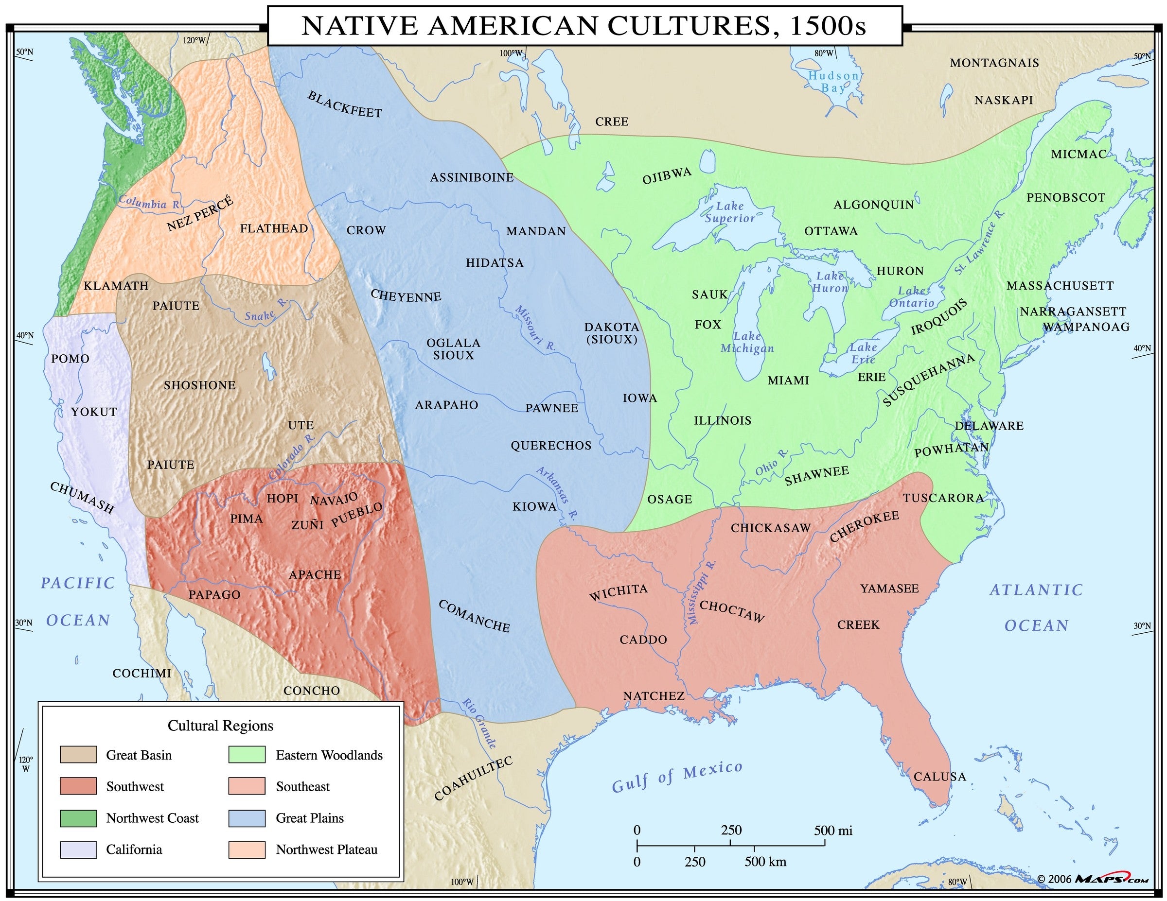 Native American Cultures 1500s Map 