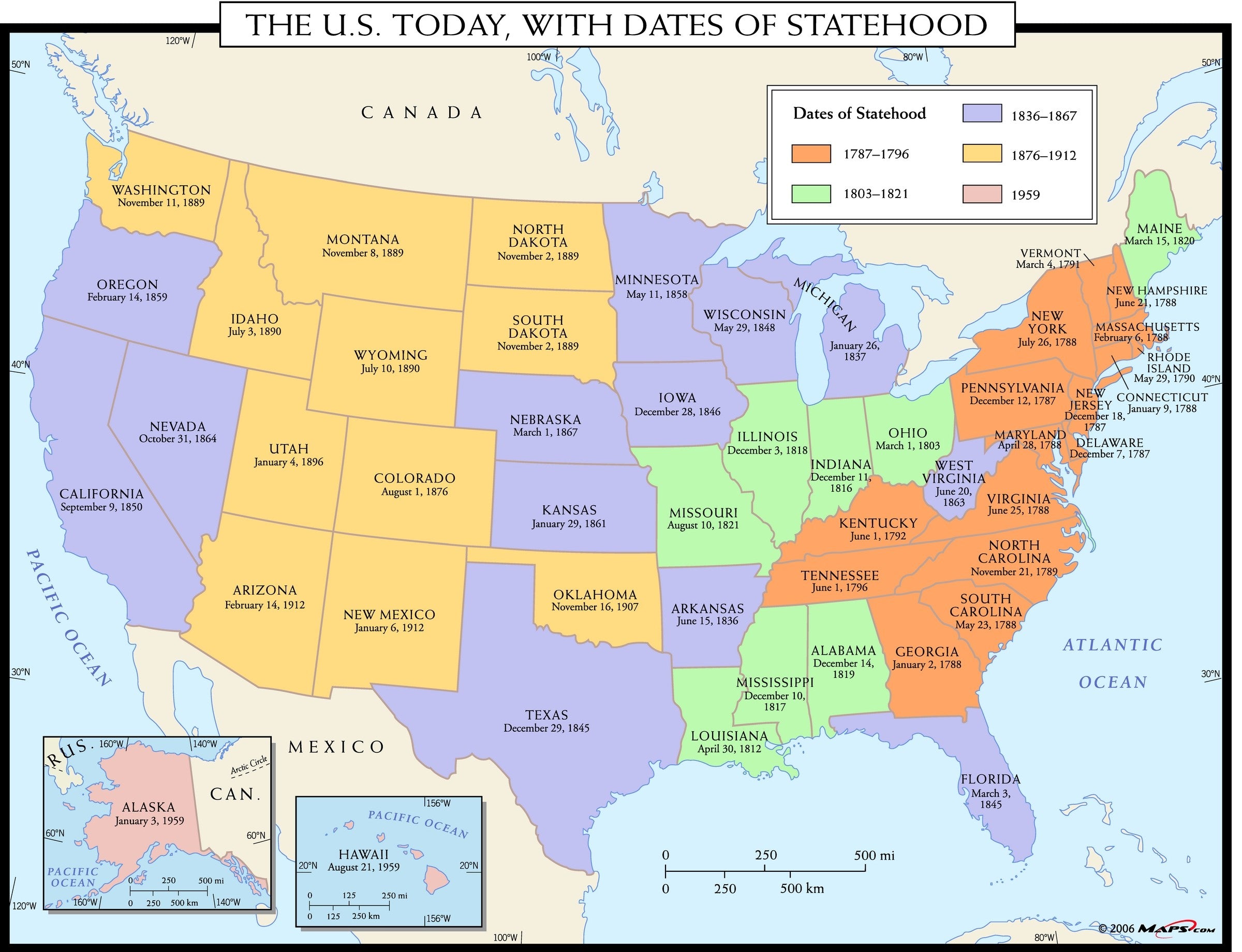 USA Today Map, with Dates of Statehood | Maps.com.com