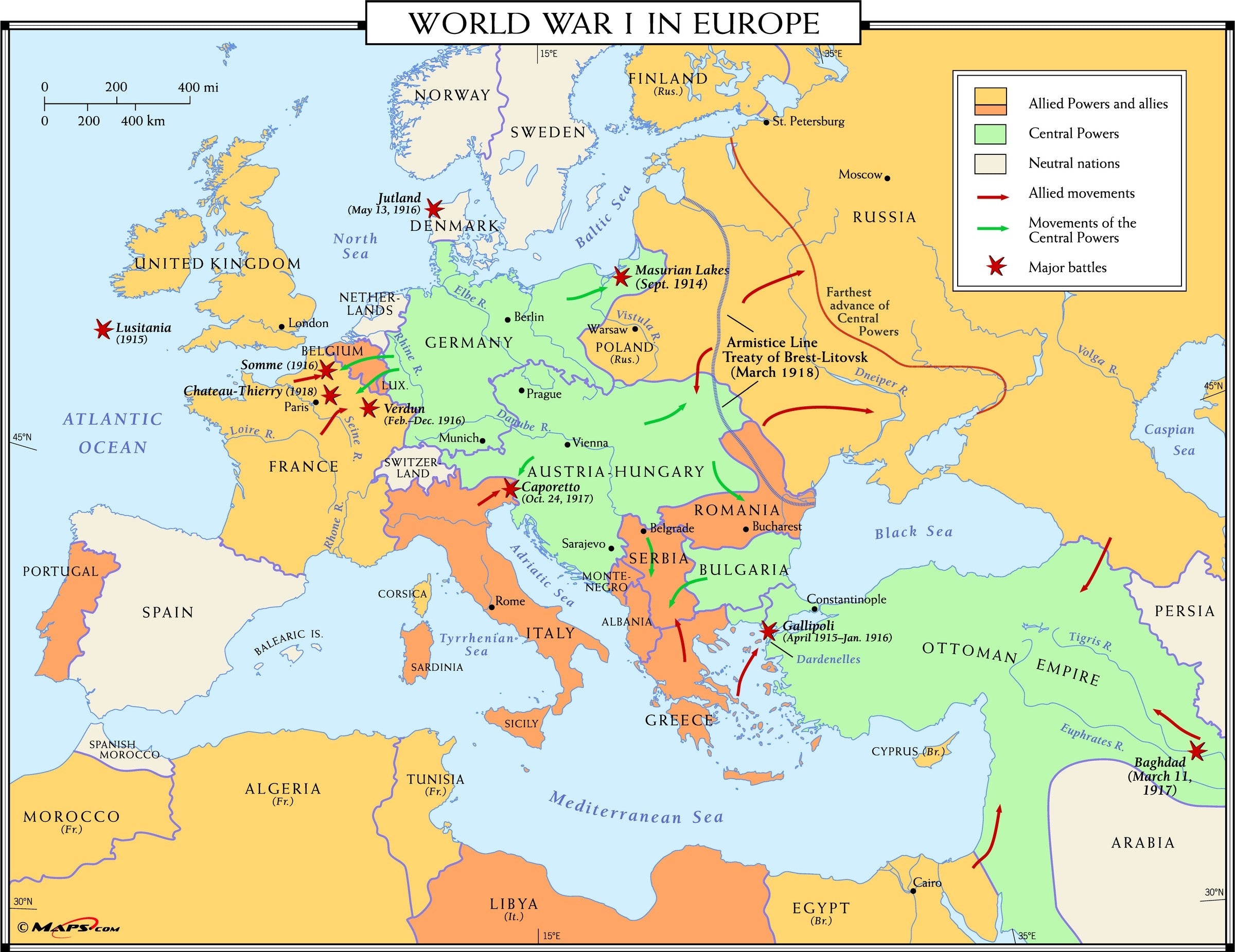 World War I Map Of Europe World War I in Europe Map | Maps.com.com