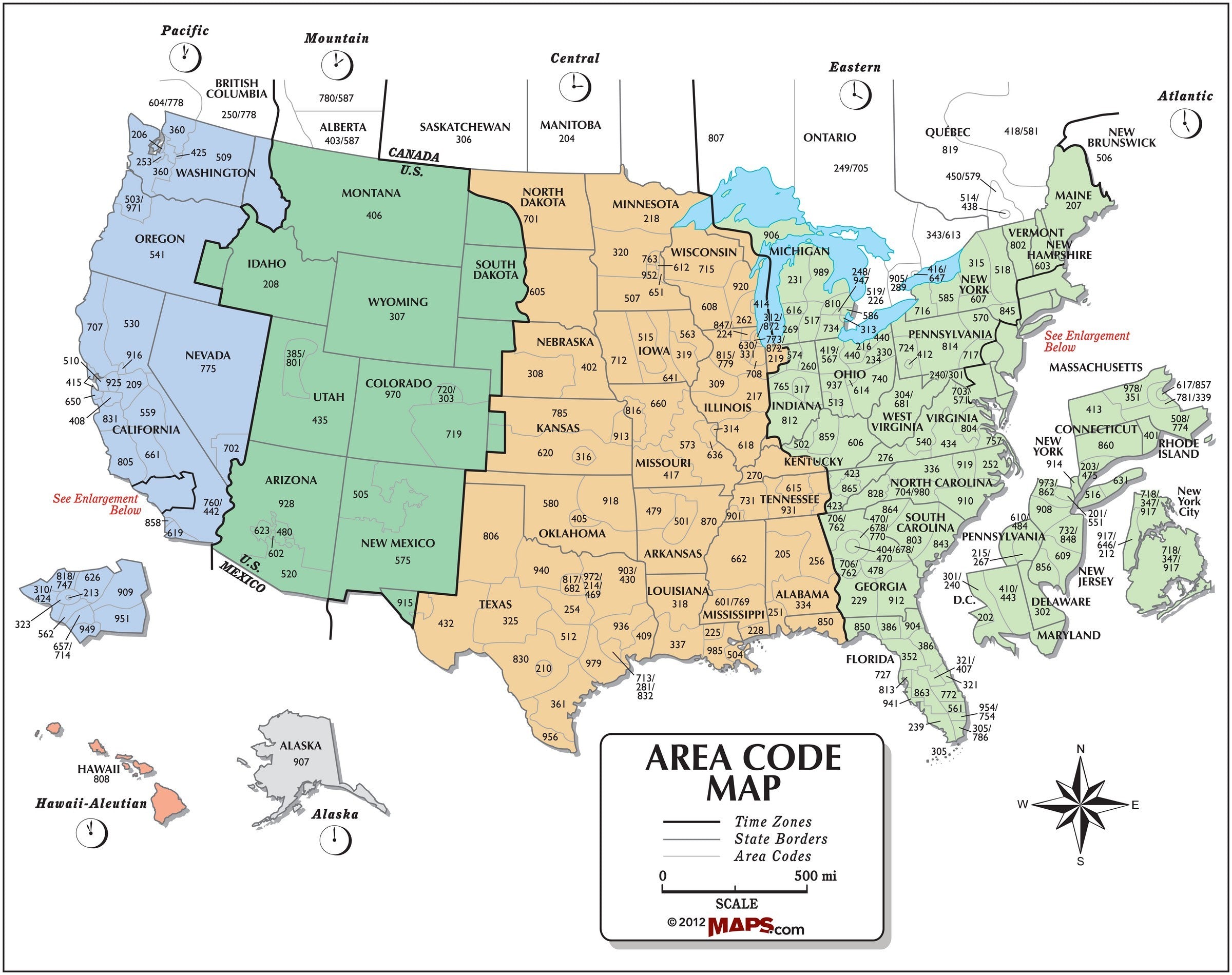 Map Of Time Zones Usa Usa Area Code And Time Zone Wall Map | Maps.com.com