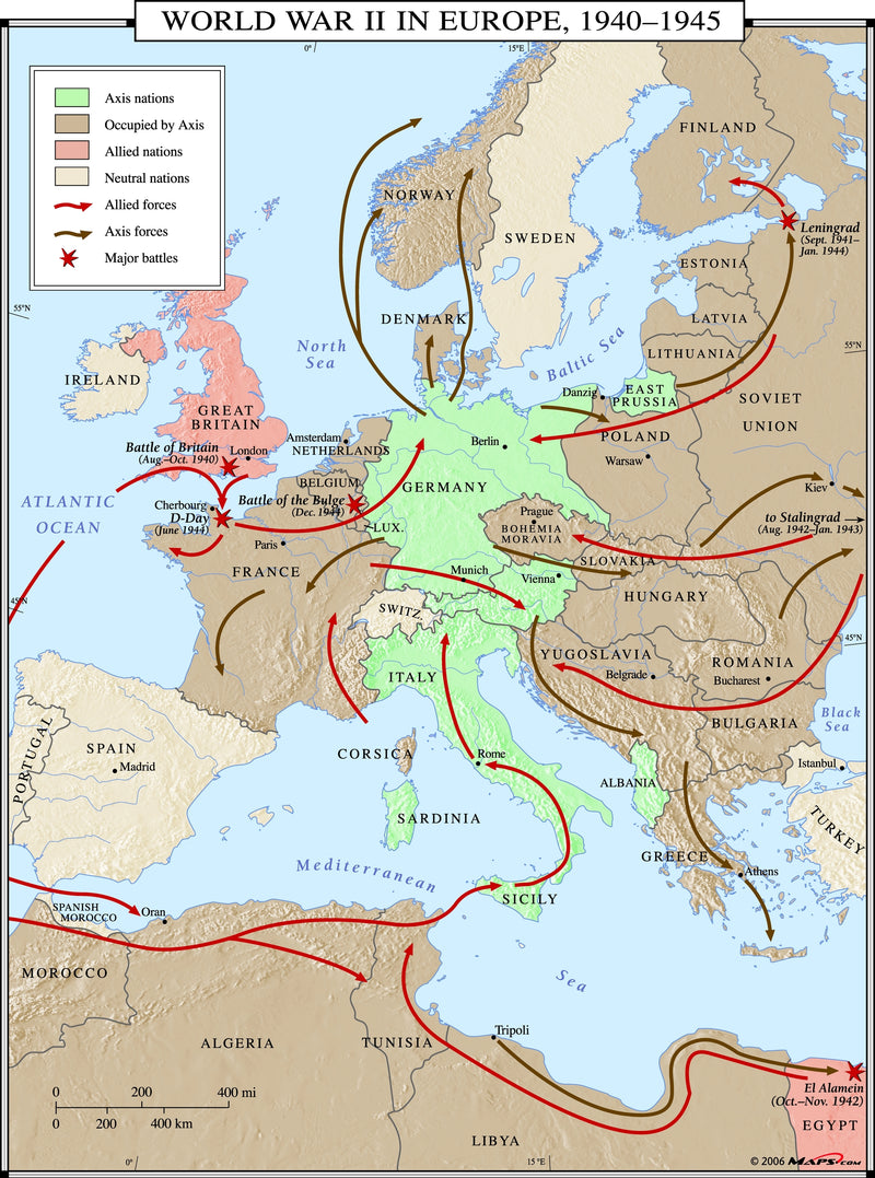 This overview map shows the second World War, the European Theater, in an excellent snapshot 