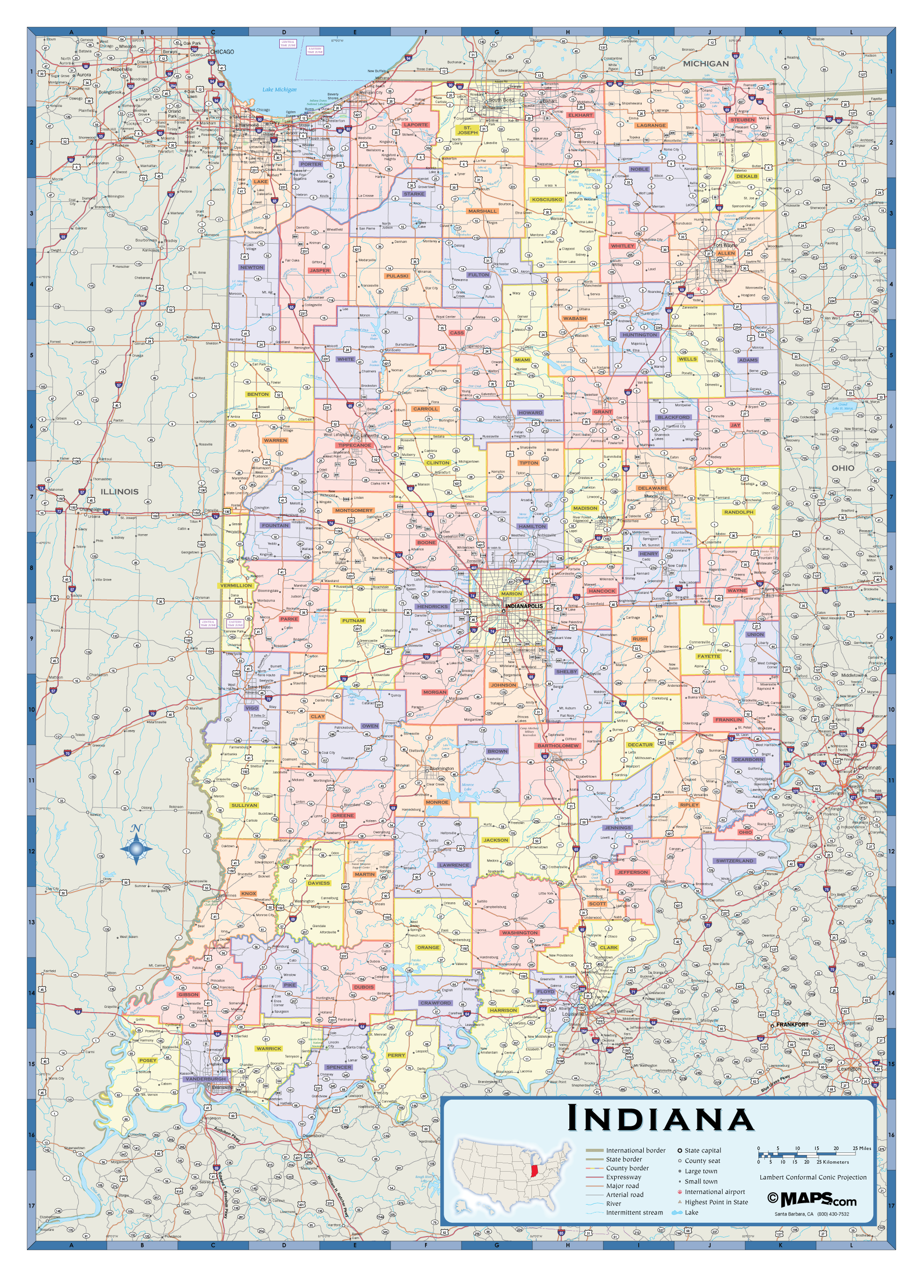 Indiana Counties Wall Map 9386