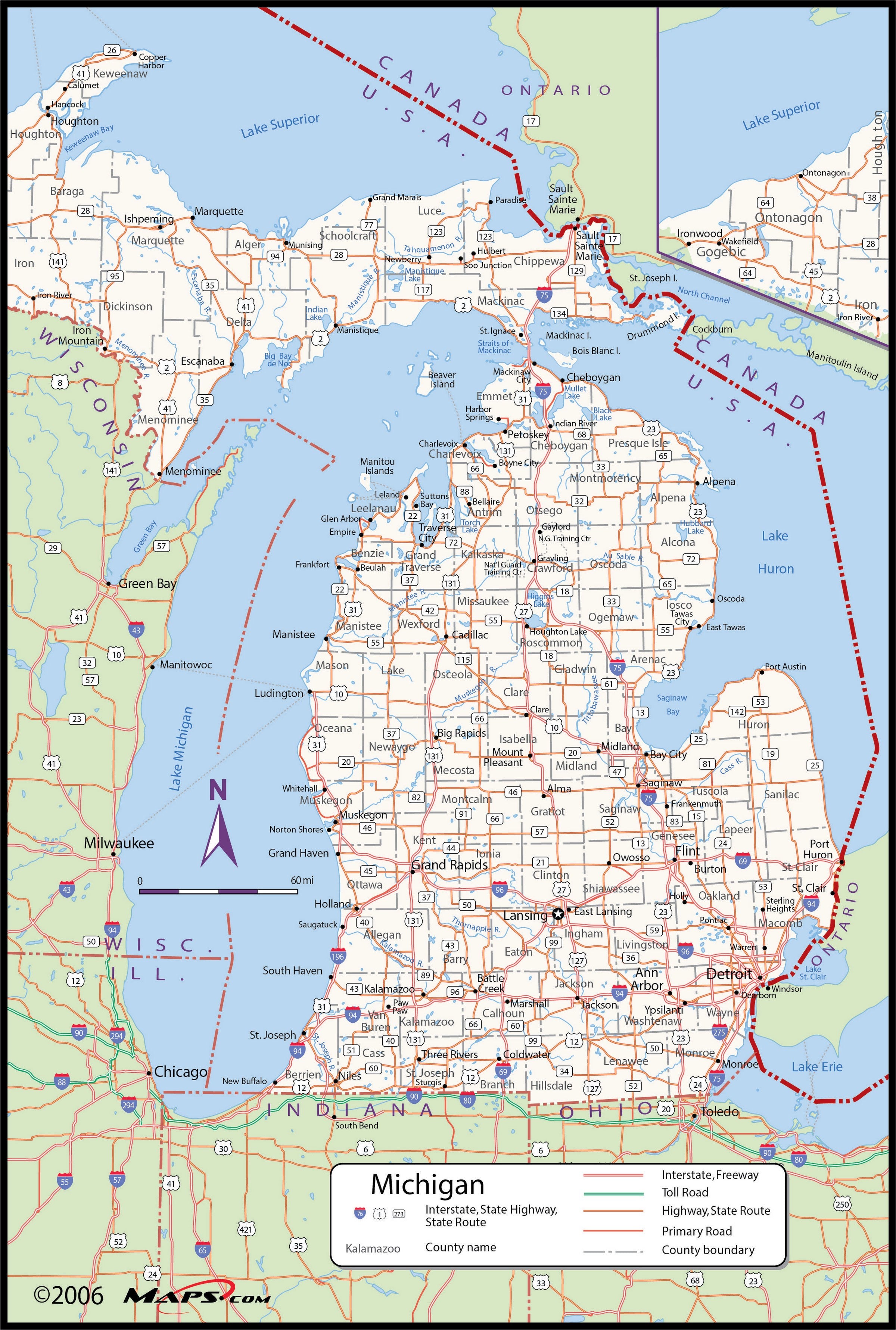 Map Of Michigan Counties Michigan County Wall Map | Maps.com.com