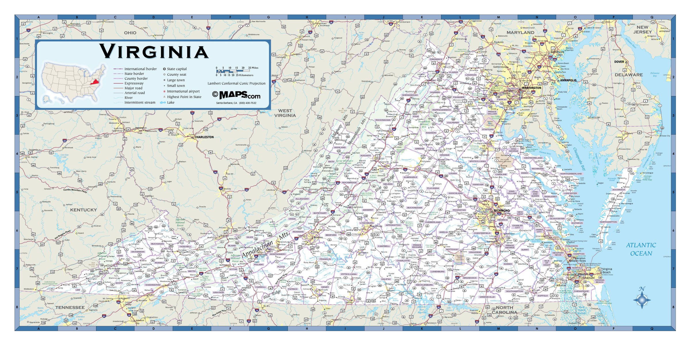 Laminated Map Large Detailed Roads And Highways Map Of Virginia State ...
