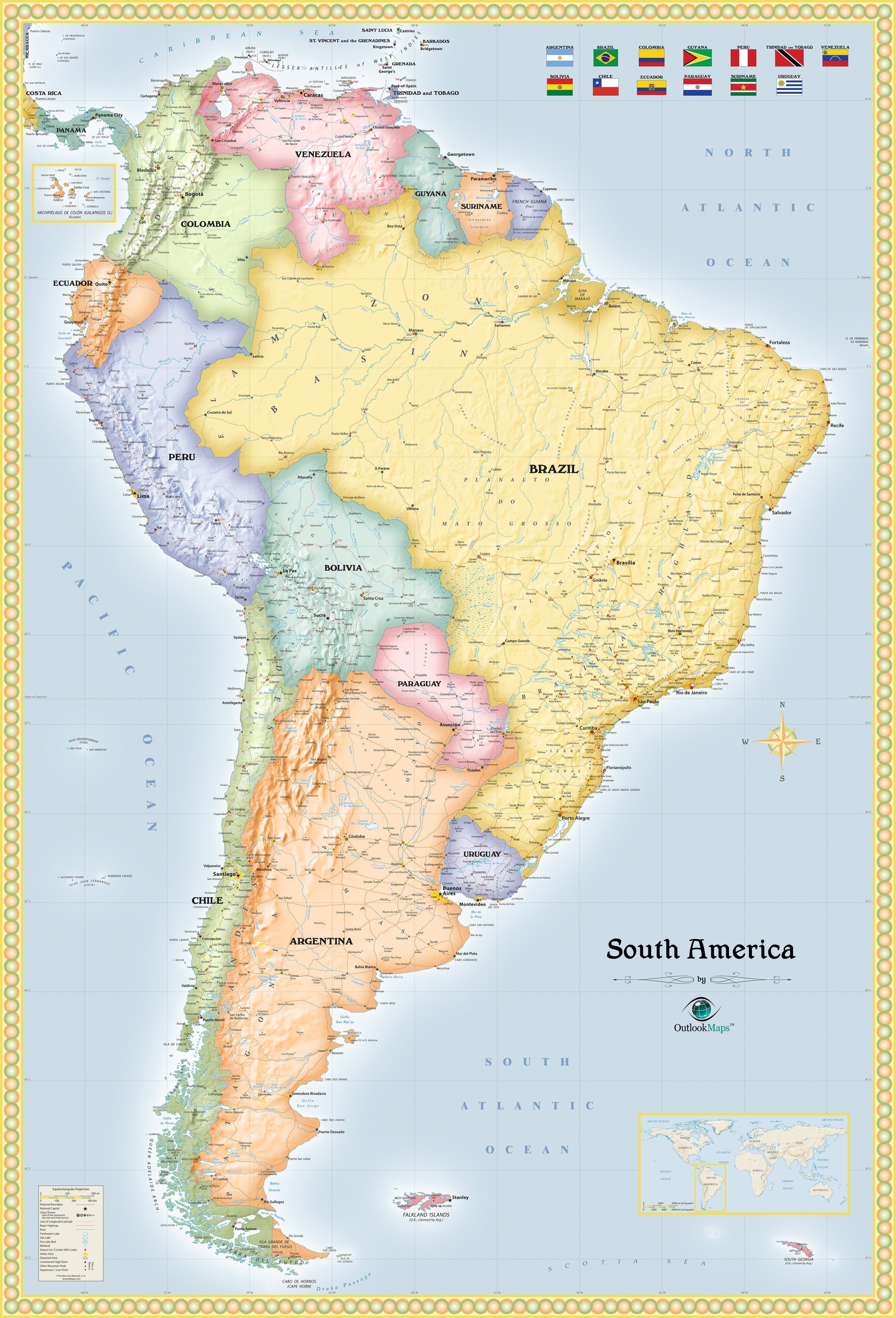 South America Political Wall Map 9242