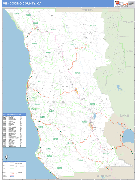 Mendocino County, California Zip Code Wall Map | Maps.com.com