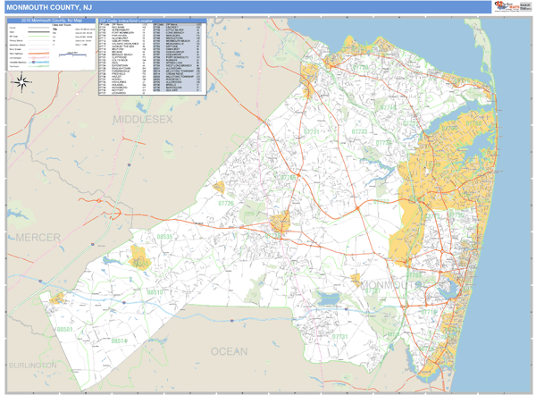 Monmouth County, New Jersey Zip Code Wall Map | Maps.com.com
