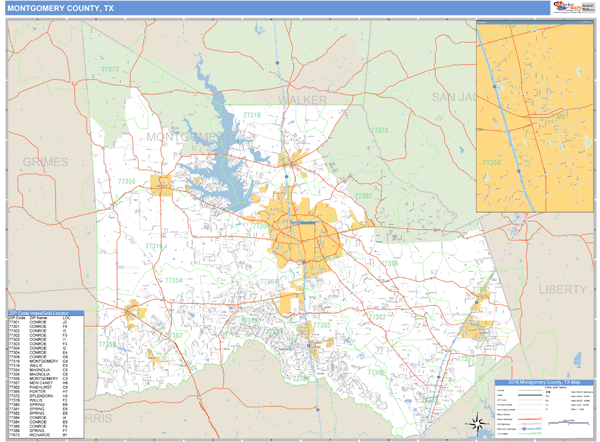 Montgomery County, Texas Zip Code Wall Map | Maps.com.com