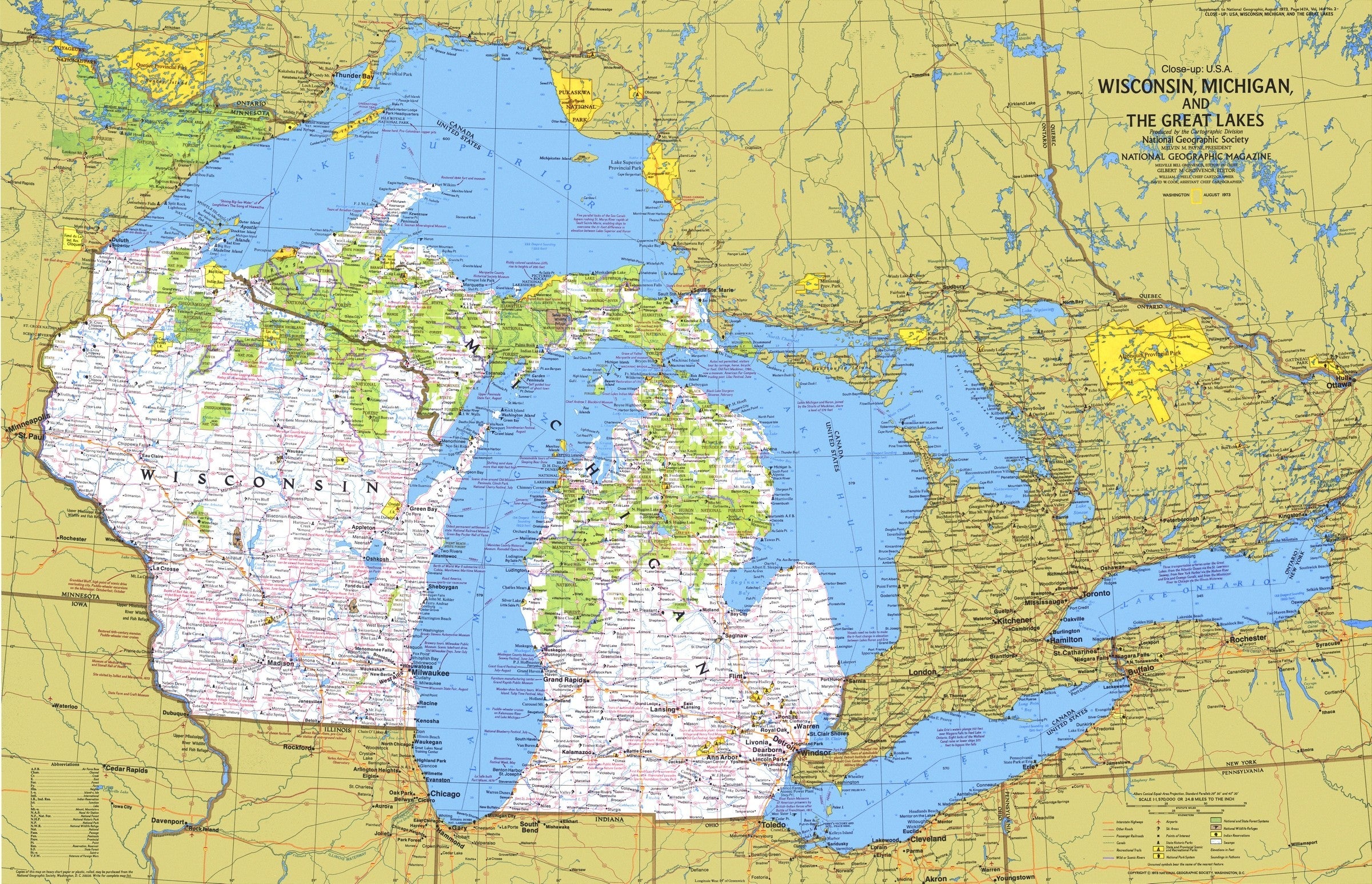 Wisconsin Michigan And The Great Lakes Map 1973 