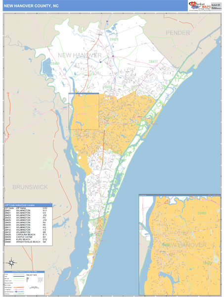 New Hanover County, North Carolina Zip Code Wall Map | Maps.com.com