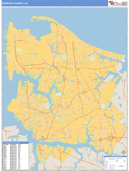 Norfolk County Virginia Zip Code Wall Map