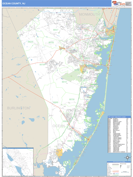 Ocean County, New Jersey Zip Code Wall Map | Maps.com.com