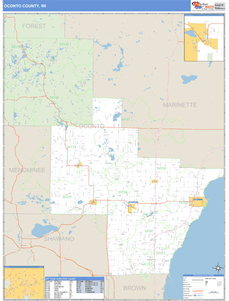 Oconto County Wisconsin Zip Code Wall Map