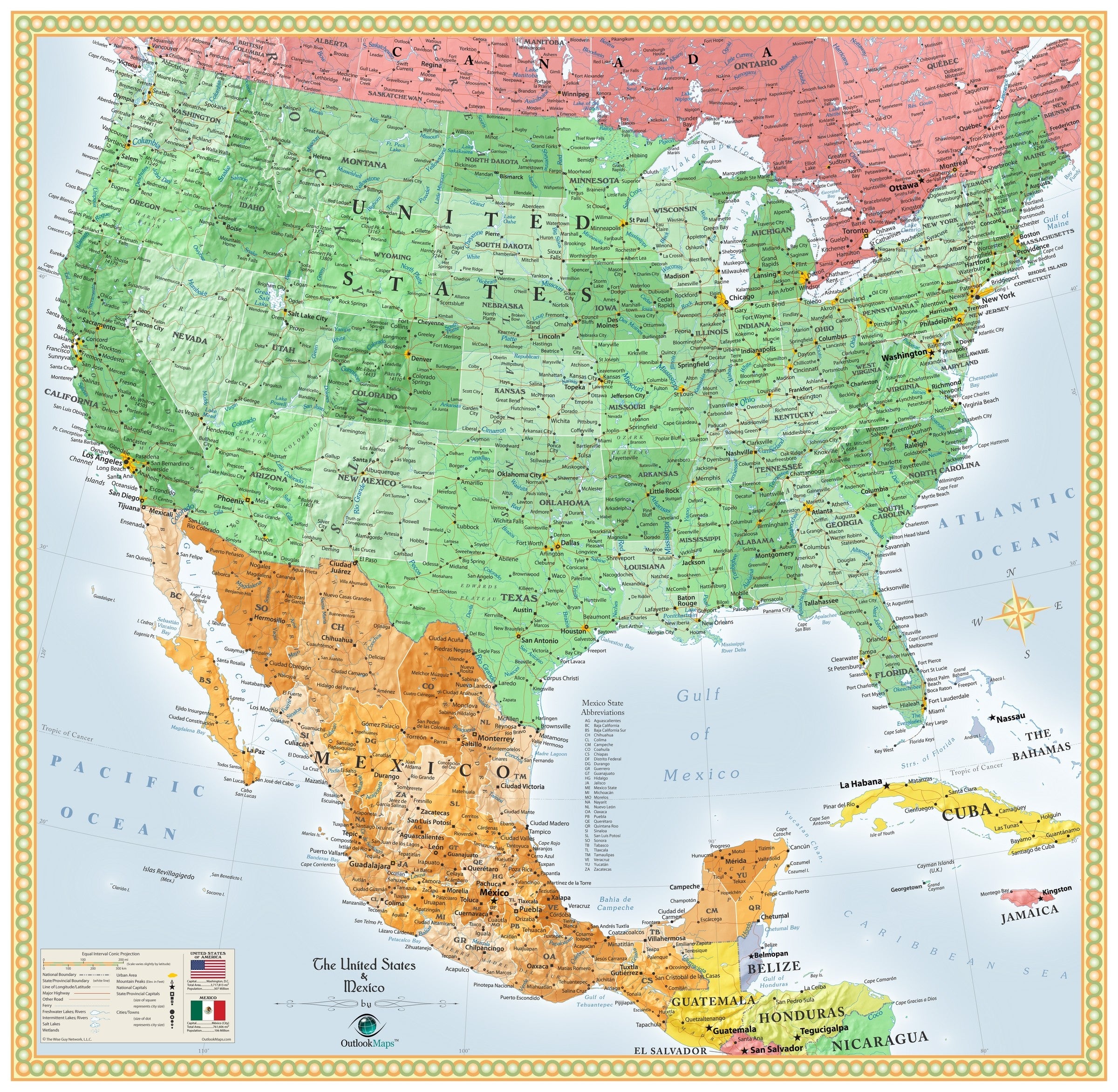 Map Of America And Mexico USA and Mexico Wall Map | Maps.com.com