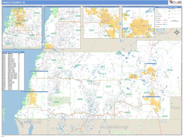 Pasco County Florida Zip Code Wall Map