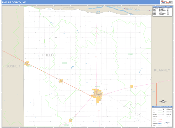 Phelps County Nebraska Zip Code Wall Map