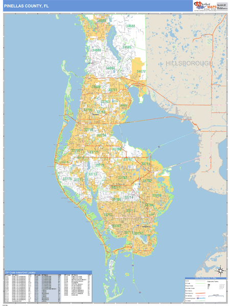 Pinellas County Florida Zip Code Wall Map 9852