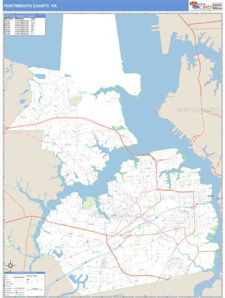 Portsmouth County, Virginia Zip Code Wall Map | Maps.com.com