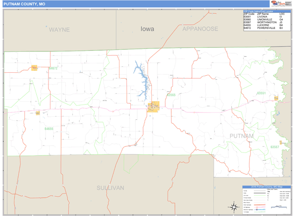 Putnam County Missouri Zip Code Wall Map