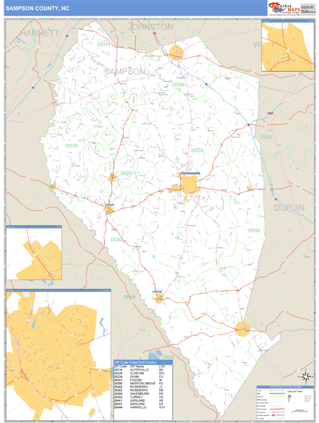 Sampson County, North Carolina Zip Code Wall Map | Maps.com.com