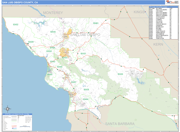 San Luis Obispo Zip Code Map San Luis Obispo County, California Zip Code Wall Map | Maps.com.com