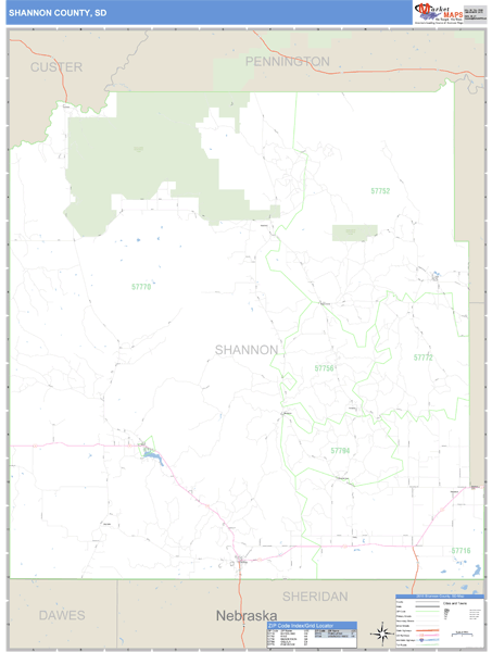 Shannon County South Dakota Zip Code Wall Map