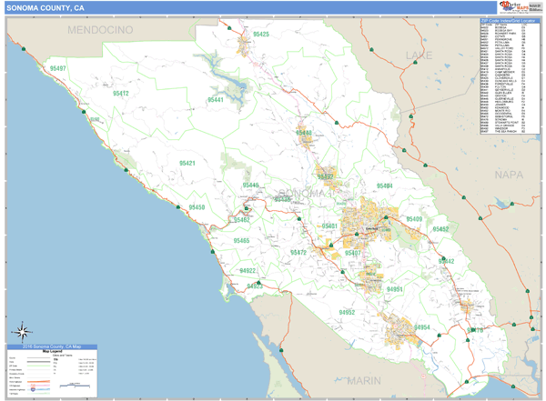 Sonoma County Zip Code Map Sonoma County, California Zip Code Wall Map | Maps.com.com