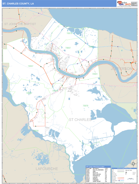 St. Charles County, Louisiana Zip Code Wall Map | Maps.com.com