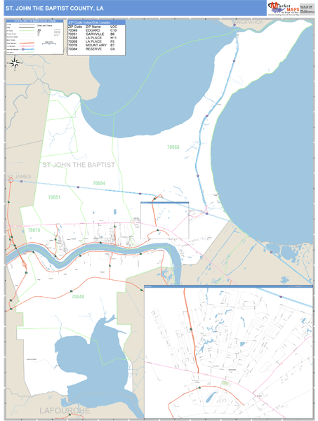 St. John Baptist County, Louisiana Zip Code Wall Map | Maps.com.com