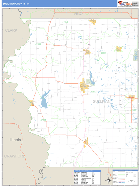 Sullivan County, Indiana Zip Code Wall Map | Maps.com.com