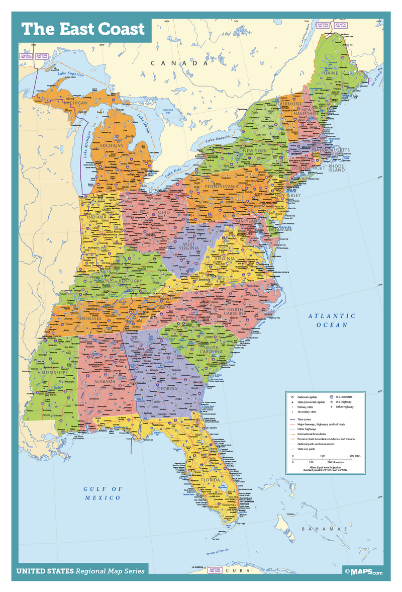 Map Of The Eastern Usa East Coast USA Wall Map | Maps.com.com