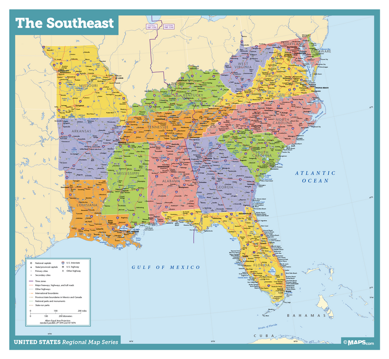 Map Of Se United States Southeast USA Wall Map | Maps.com.com