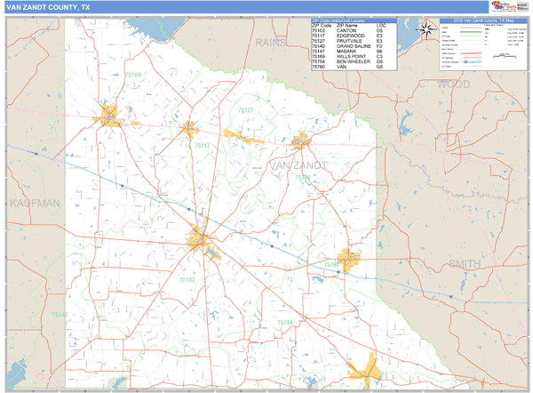 Van Zandt County Texas Zip Code Wall Map 3850