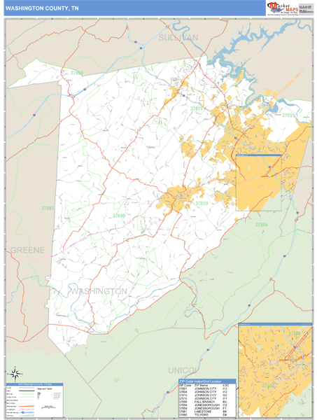 Washington County, Tennessee Zip Code Wall Map | Maps.com.com