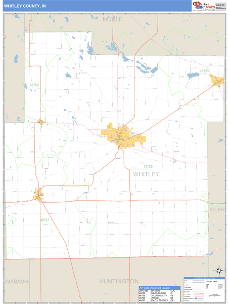 Whitley County Indiana Zip Code Wall Map 0851