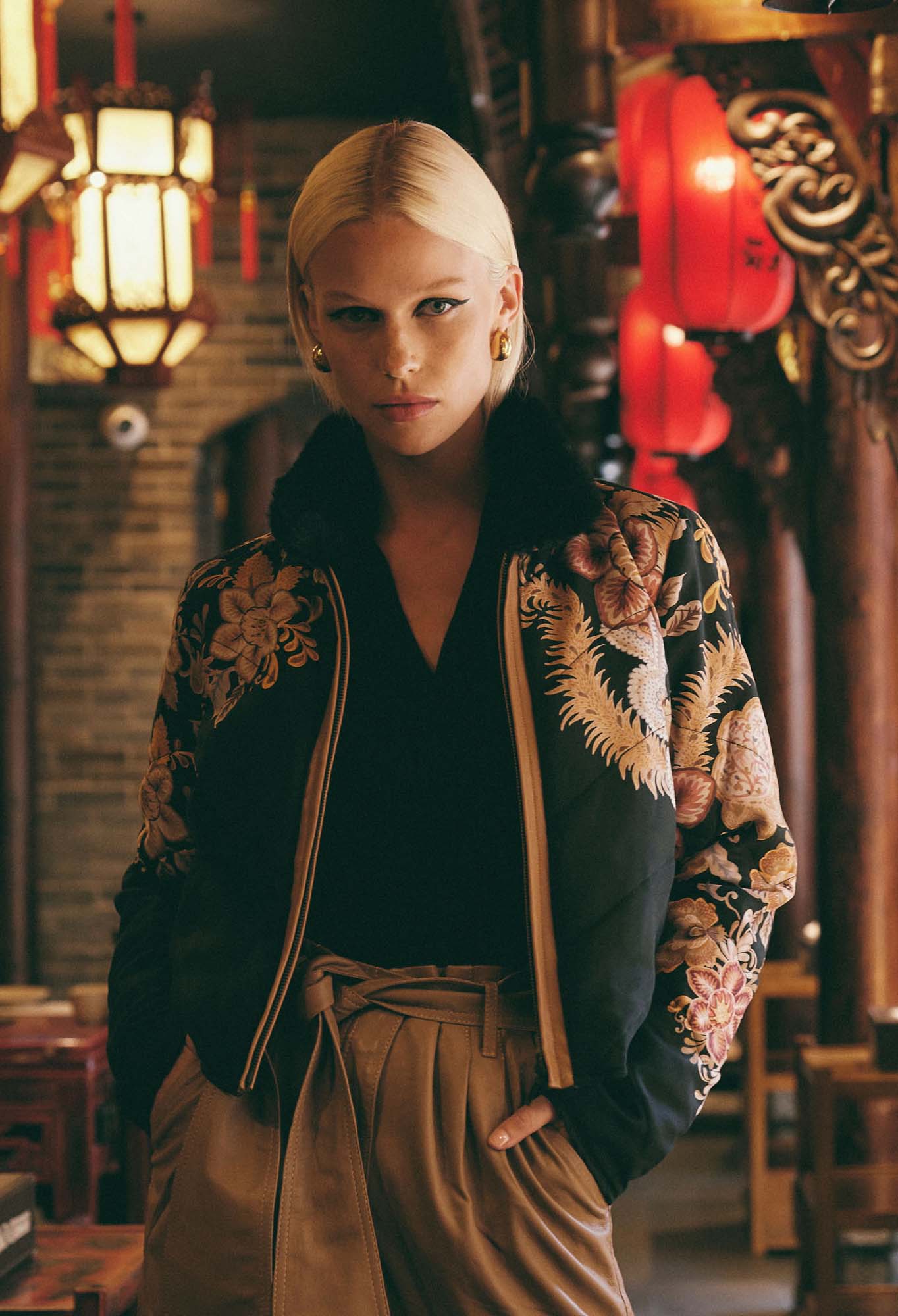 Empress Cupro Viscose Bomber Jacket in Dragon Flower