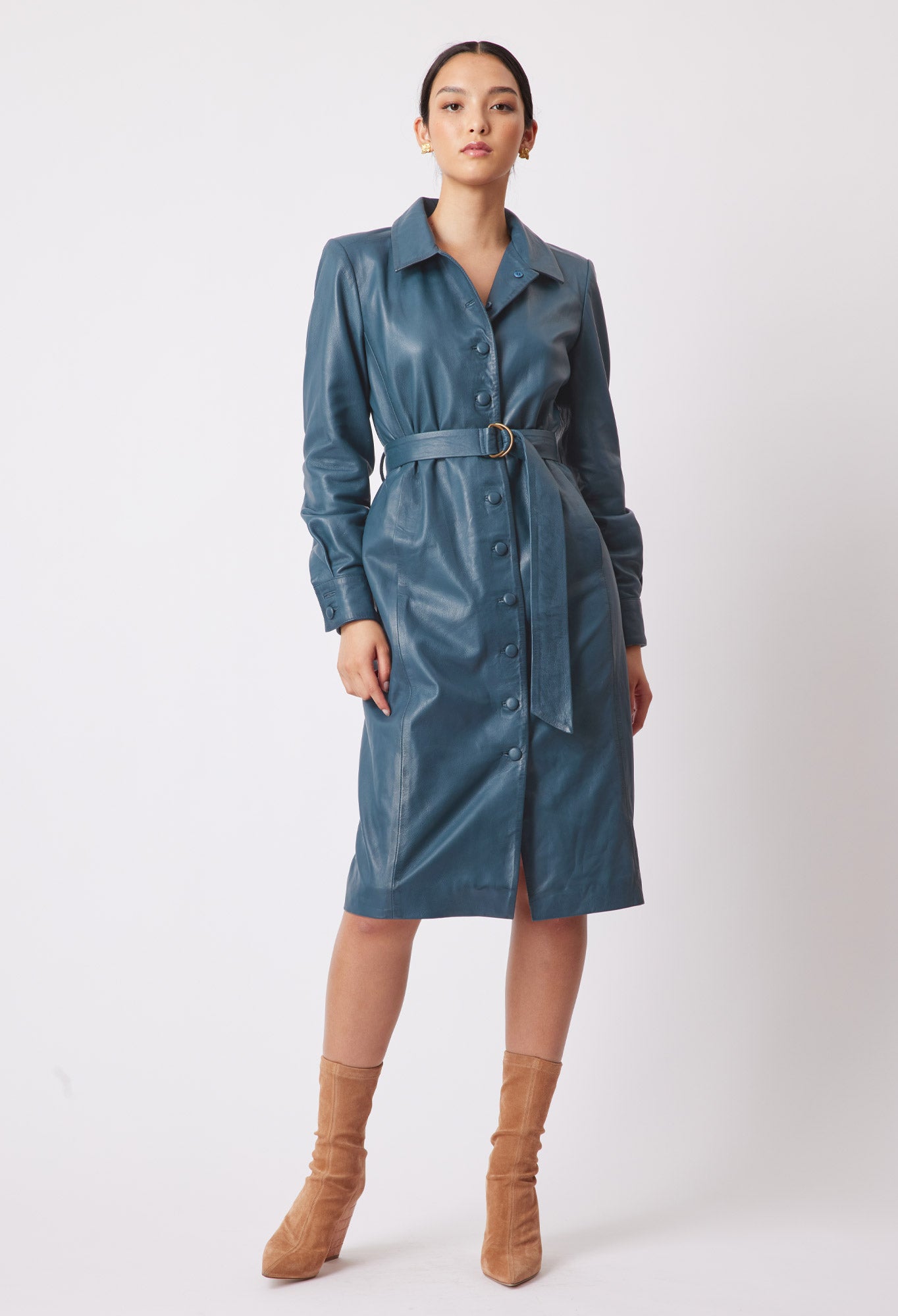 Loren Leather Shirt Dress in Steel Blue