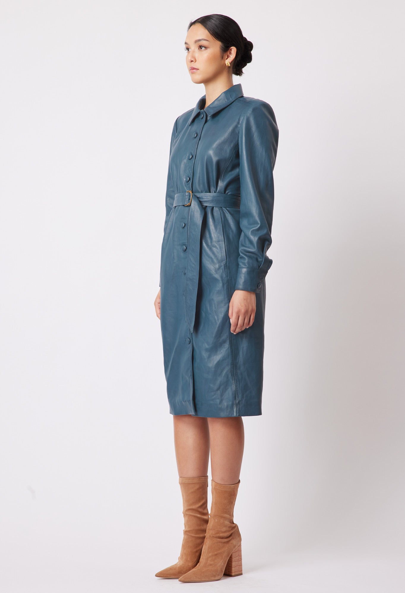 Loren Leather Shirt Dress in Steel Blue