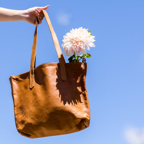 Rowdy Leather Tote Bag For Women, Honey-hued 'Amber', Soft & Natural Aniline Leather, Zipper Closure