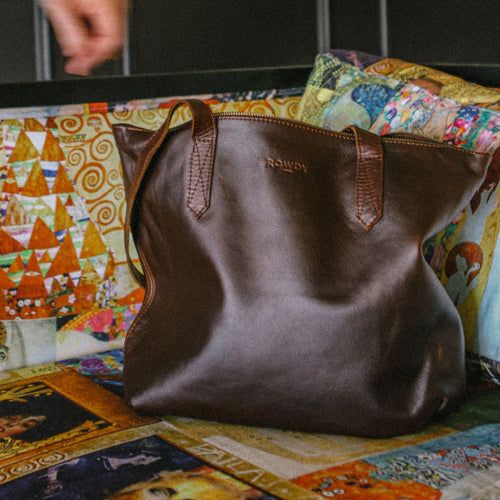 Rowdy Leather Tote Bag For Women, Russet Brown 'Maple', Soft & Natural Aniline Leather, Zipper Closure