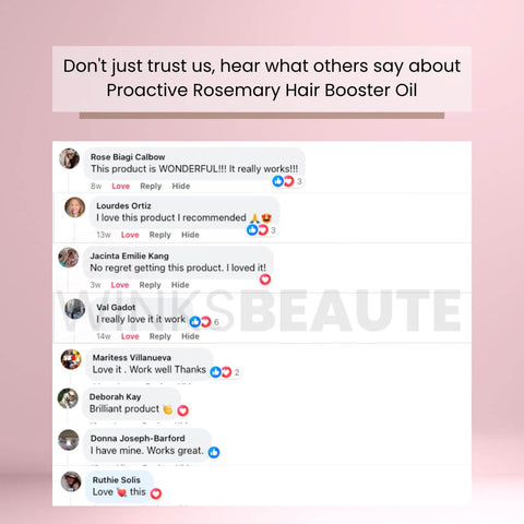 Promotional graphic featuring customer testimonials for "Proactive Rosemary Hair Booster Oil" on a soft pink background. Testimonials are presented in a social media comment format with profile pictures and user names, expressing positive feedback