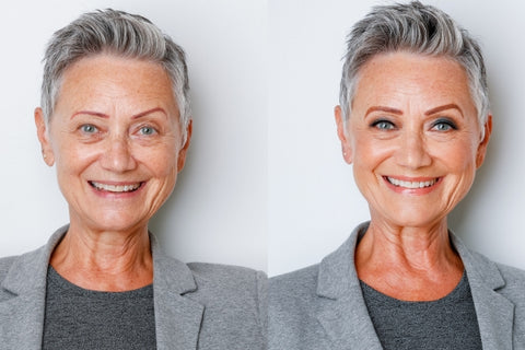 before and after pictures of mature salt and pepper hair client with holiday smoky eye makeup application by Brian